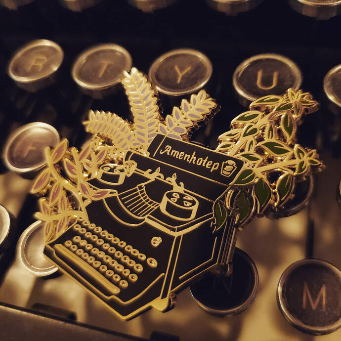 Typewriter with herbs.